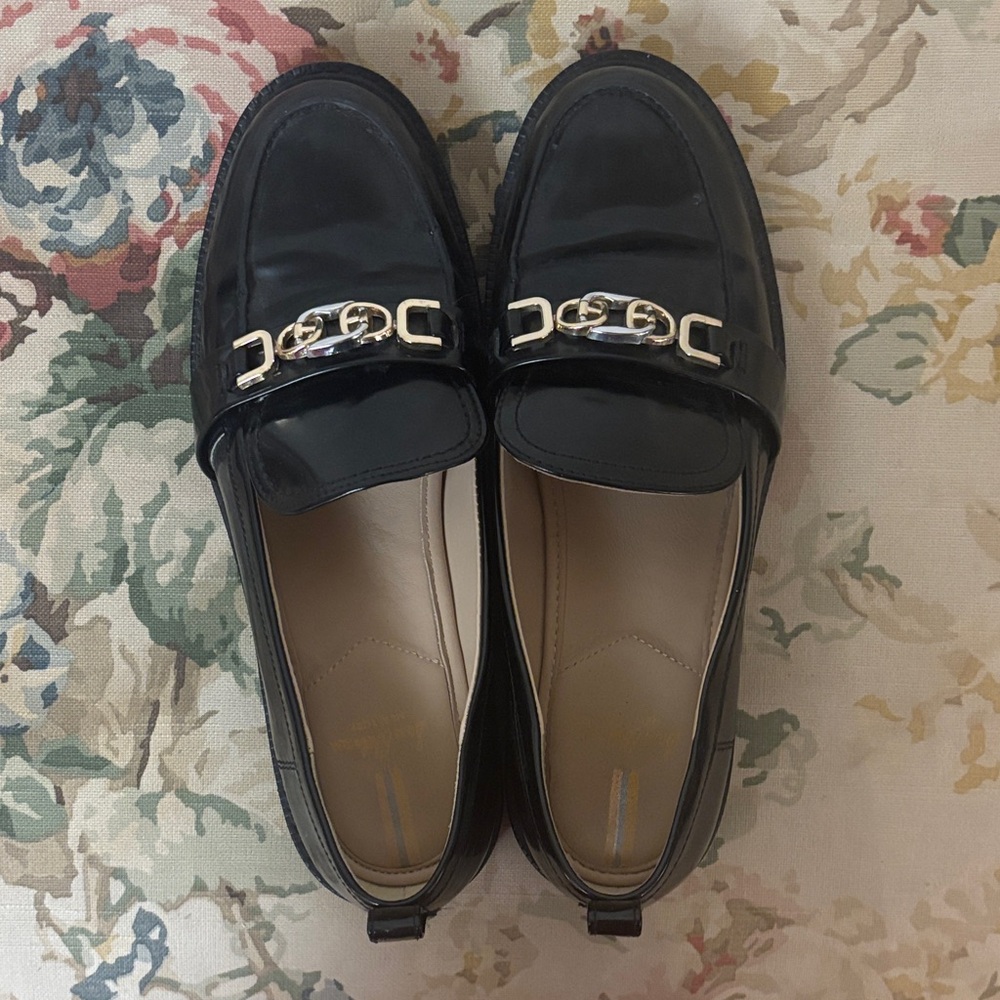 Sam Edelman Black Patent Loafers with Gold-Tone Chain